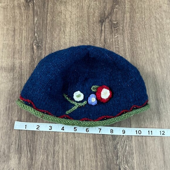 Newari Hat  Navy Wool Beanie Hat Floral Embellished Knit Fleece Lined Icelandic - Picture 9 of 9